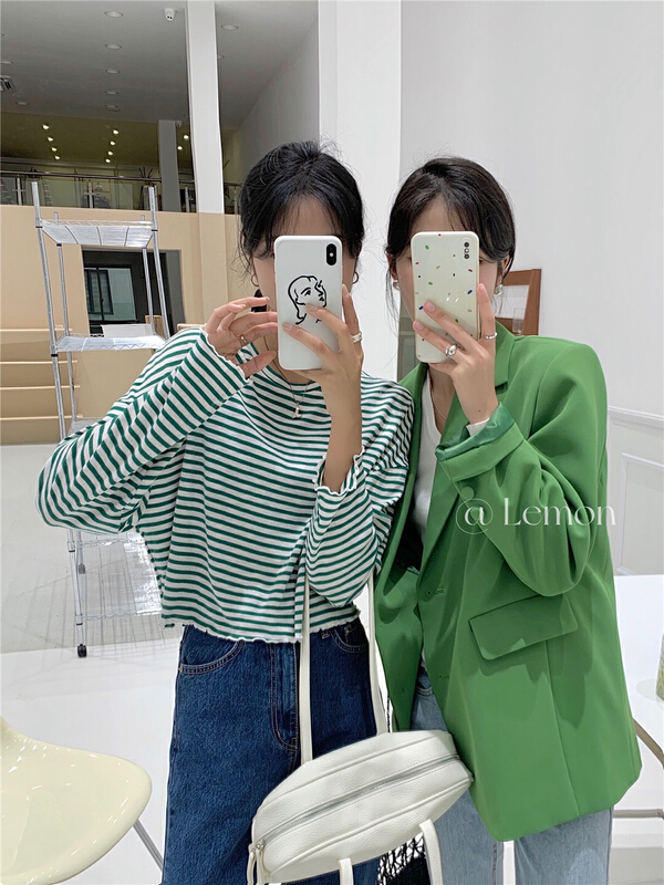 New year in early spring! [lemon green tea] Korean fashion stripe long sleeve T-shirt 2010# hjy