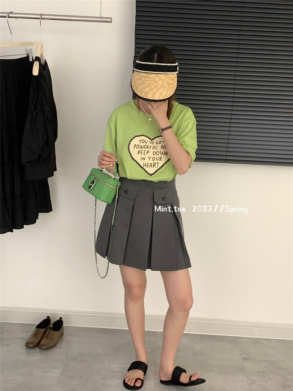 [mint tea] Korean sweet love printed short sleeve T-shirt 22923# zjy