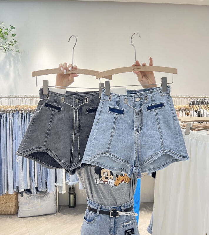 [iris iriisy] color blocking aging fashion denim shorts (with waist rope) 6548# LSL