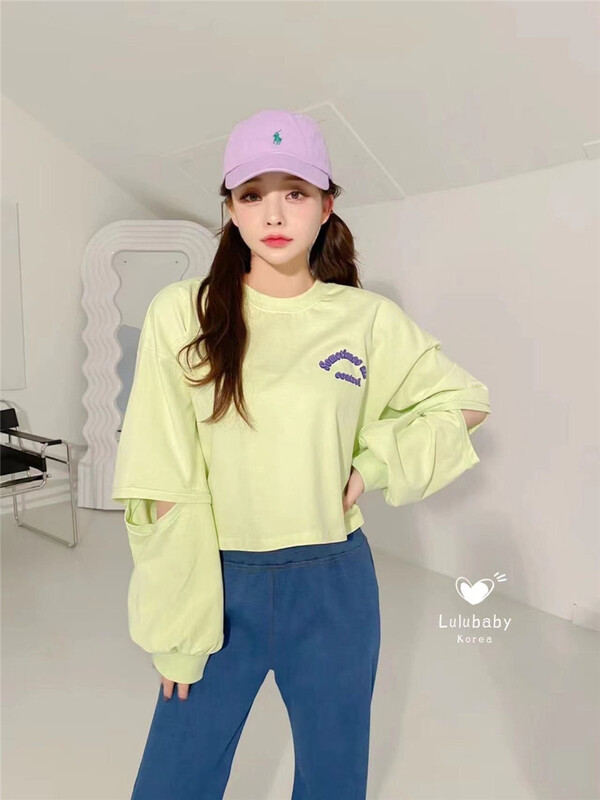 goods in stock! New year in early spring! [Tiantian family] casual loose personalized hole letter long sleeve T-shirt 6850# PCZ