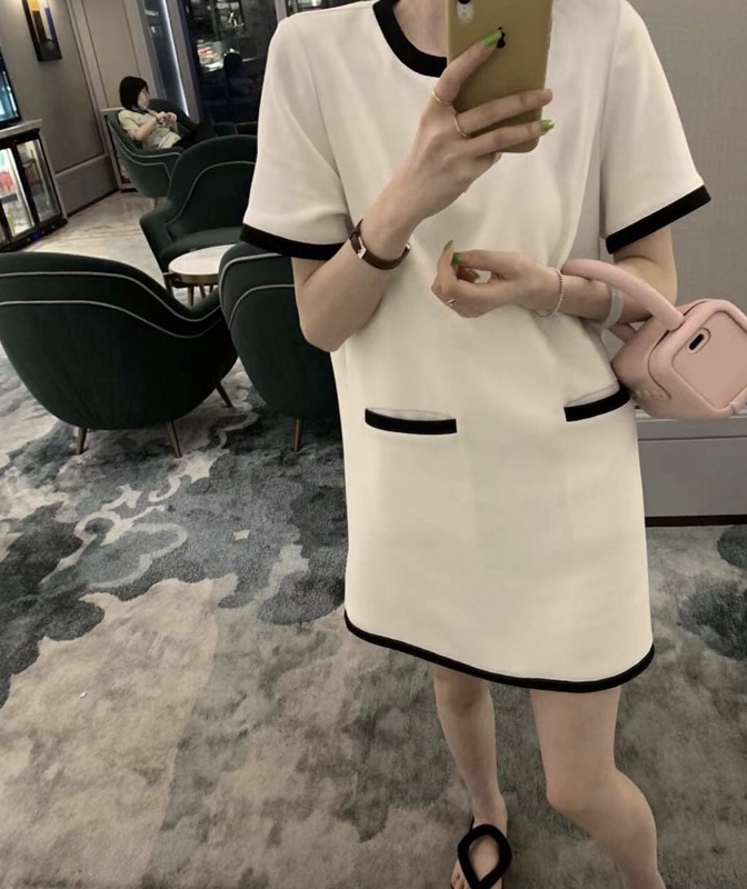 New year in early spring! [sugar offices] Korean loose round neck contrast short sleeve dress 1085# HBx