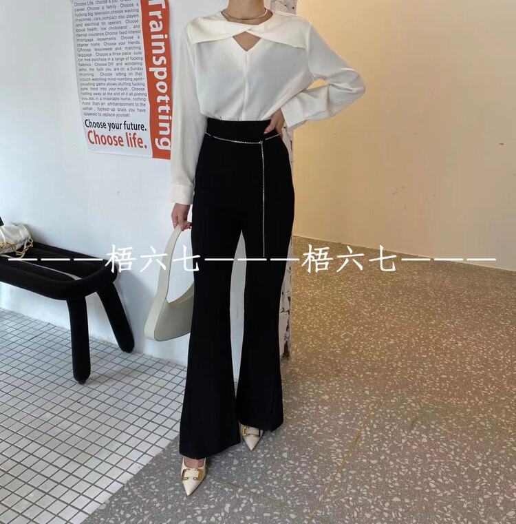 Original price 77.83! [naisha beard] high waist, slight pull, simple, clean color, versatile and thin trousers (with chain) b6020# CLS