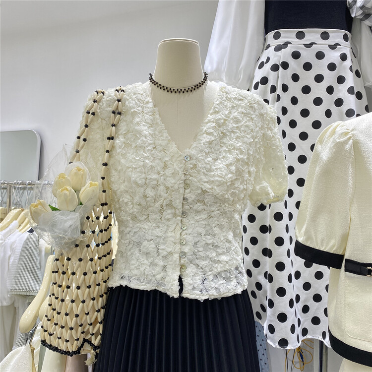 goods in stock! [u.me] elegant retro V-neck short sleeve shirt 59223# hjy