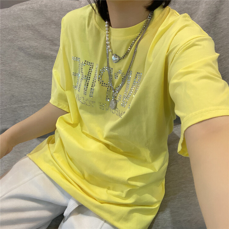 New year in early spring! [Qijia +] round neck loose hot drill short sleeve T-shirt ys2-7018# zyh