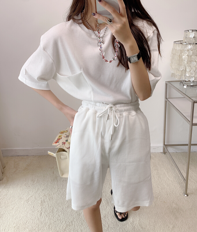 [Vanessa] round neck Pullover short sleeve + elastic waist five point casual shorts sportswear suit k83# ozq
