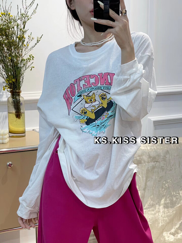 New year in early spring! [KS] Korean loose and thin cartoon pattern letter printed long sleeve T-shirt z22100# ozq