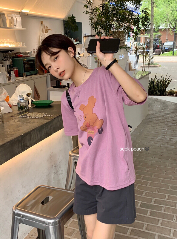 [seek peach] cartoon pattern loose round neck short sleeve T-shirt 5173# ll