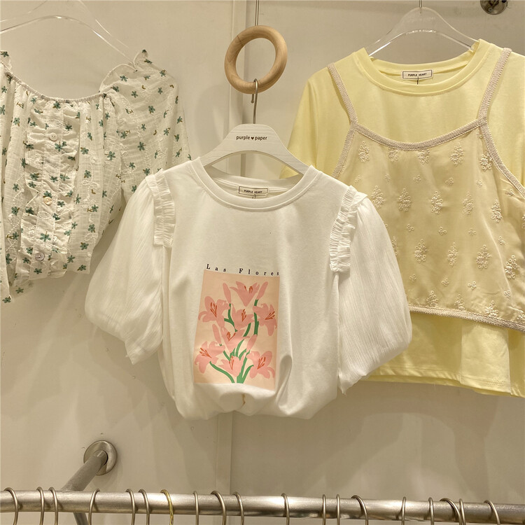 New in early summer! [purpler] Korean version small fresh Lantern Sleeve round neck short sleeve T-shirt 0631# hjy
