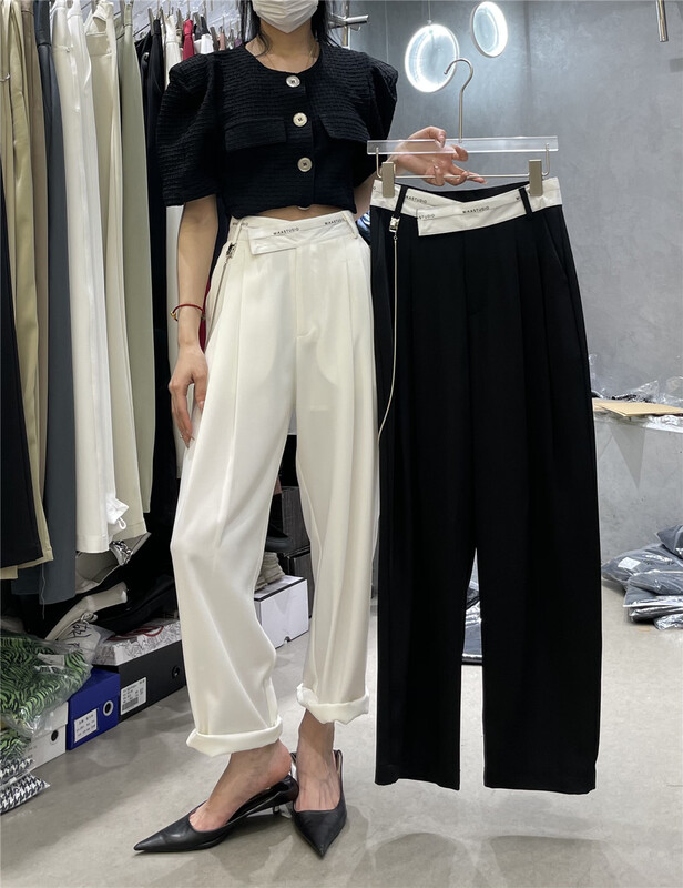 [naisha beard] Korean version straight tube color contrast high waist trousers (with chain) ys1-6196# CLS