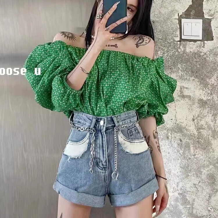 [Jiajia wooden lining] cuffed stitched pocket wide leg A-shaped denim shorts 8681# L