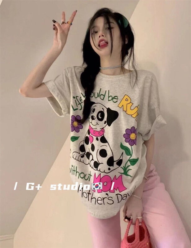 [G +] puppy print Pullover short sleeve T-shirt 7718# WTT