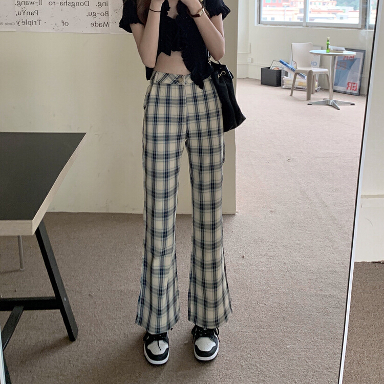 [timely rain] Han Feng ins retro lattice high waist slim straight tube wide leg casual pants 42179\wpl