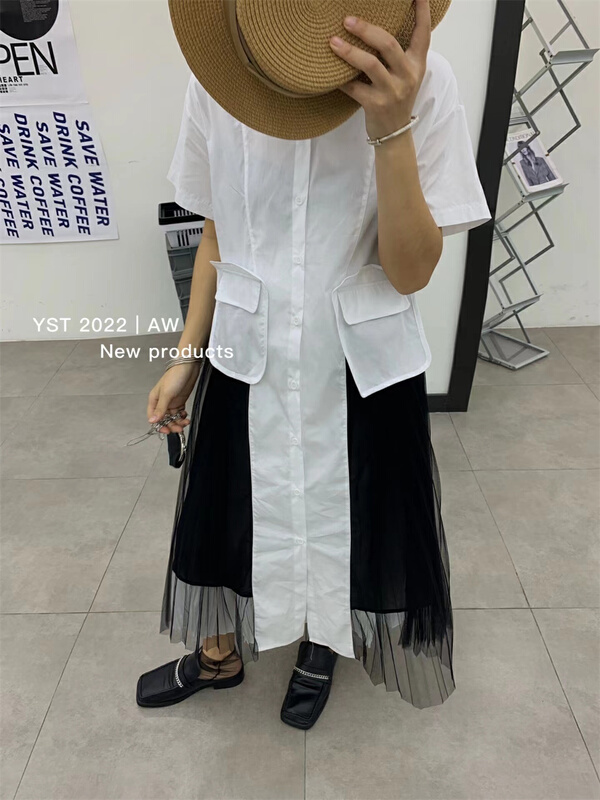 goods in stock! New in early summer! [YST] design contrast color stitched mesh shirt dress 10180# XJ