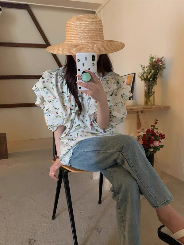 [Lina] flower Pullover pleated blouse 8907# zxx
