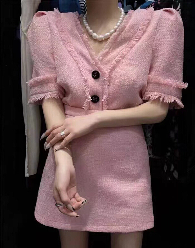 [lidada] small fragrance temperament bubble sleeve V-neck blouse + simple short skirt set 2916# HBx