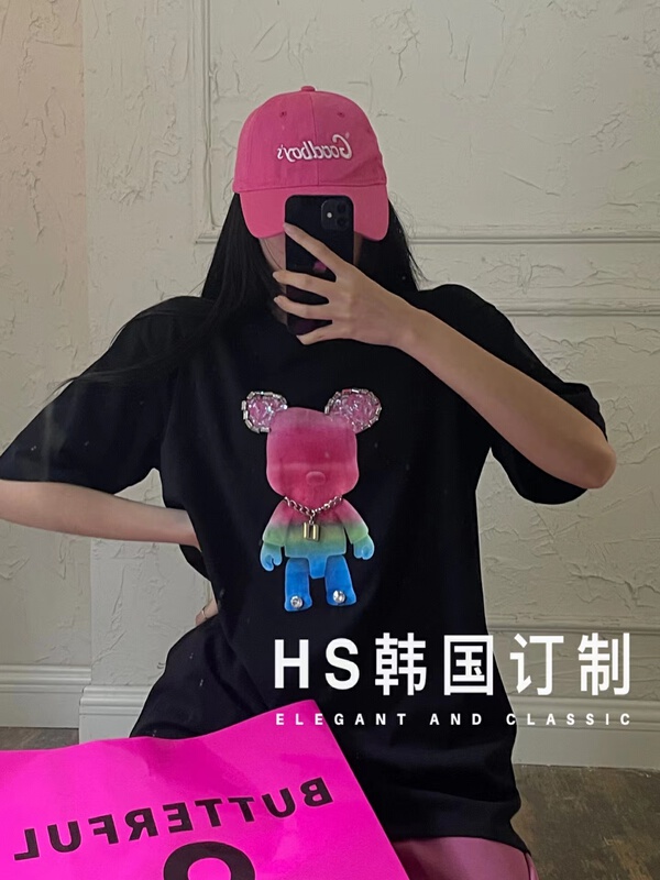 New in early summer! [HS Korean customization] niche design round neck casual loose heavy industry bear short sleeve T-shirt ys1-9865# hjy
