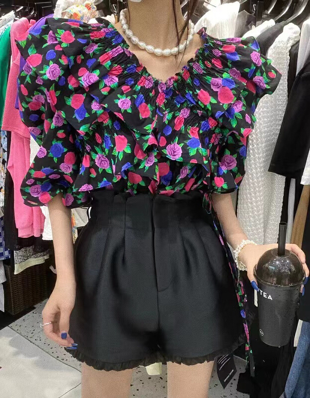[mi ni] Vintage flower shoulder shirt 2994# PCZ
