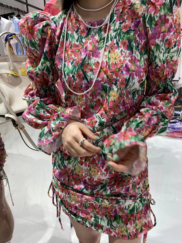 [mi ni] floral hem drawstring personalized dress 2401# PCZ