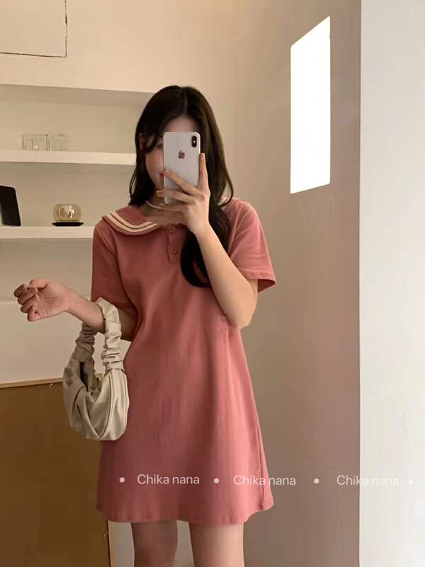 【YI JIA YI】娃娃領休閒撞色寬鬆連衣裙  1178#  CQW