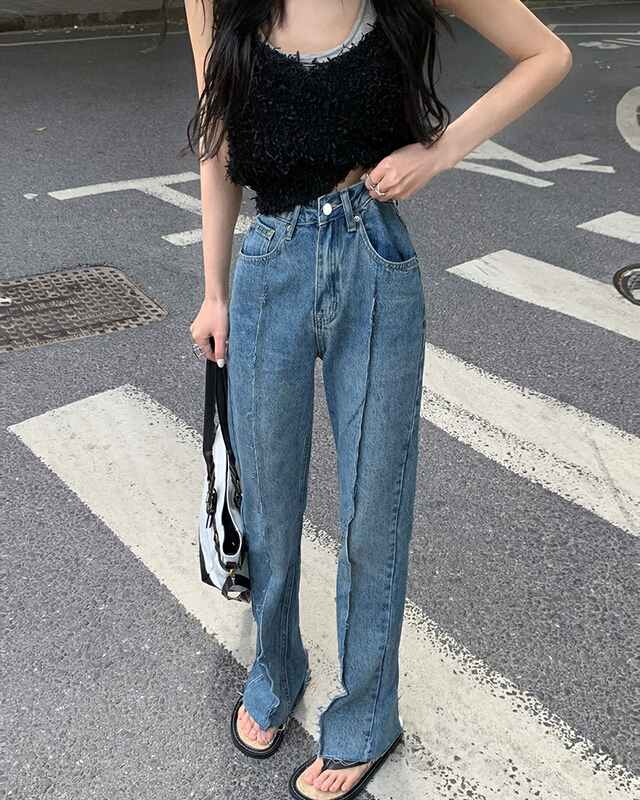 [vitality YDY] high waist, thin and versatile, back pocket contrast color, fork straight tube floor mopping jeans 5485# LSW