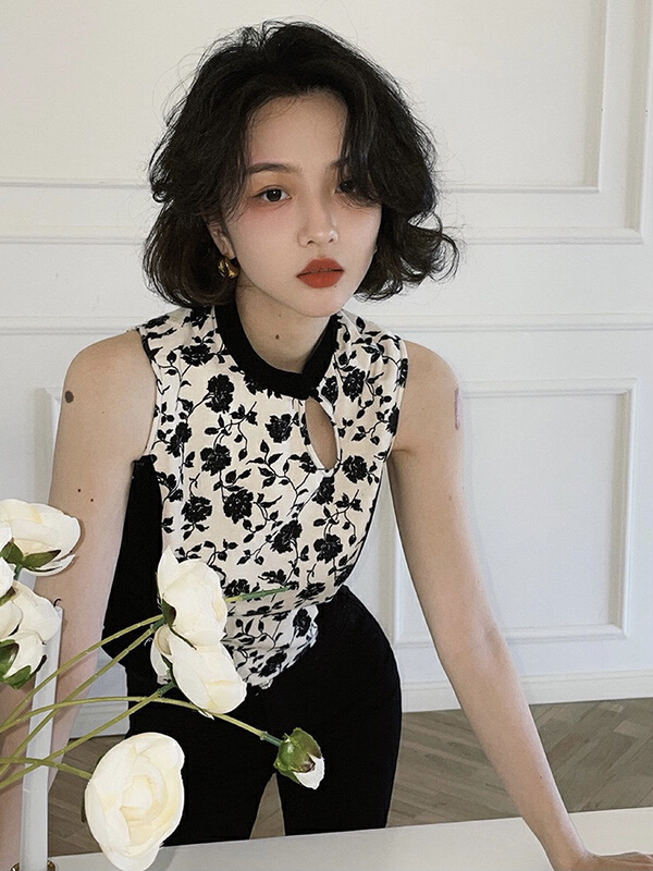[LML] Hong Kong Style Vintage Black and white stitched printed vest 6621# ozq