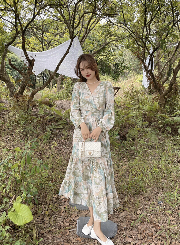 New year in early spring! [J2. J1wg] lady Feng Shui ink painting V-neck waist broken flower dress ff2200# cqw
