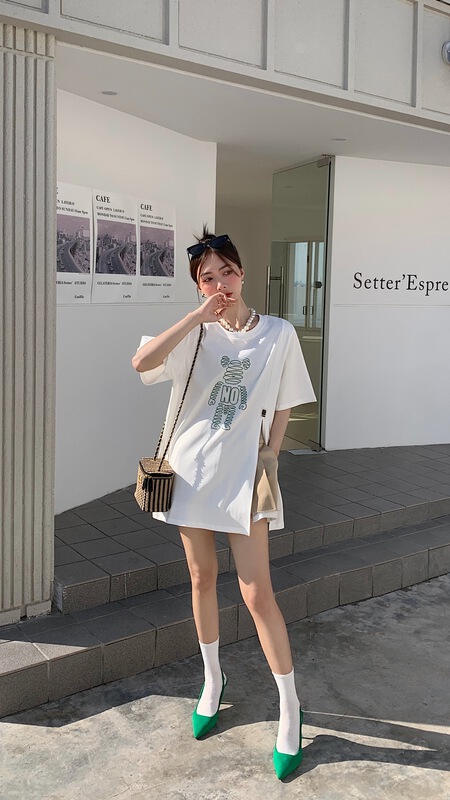 [our] Korean fashion versatile simple split print short sleeve T-shirt (without bag) 8607# LSW