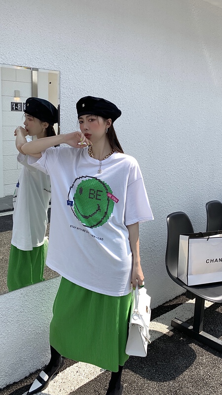 [our] Korean fashion letter smiling face printing hot drill short sleeve T-shirt 8718# LSW