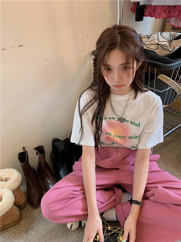 [timely rain] Korean style ins design feeling small loose cotton printed letters short sleeve T-shirt 8927# WPL