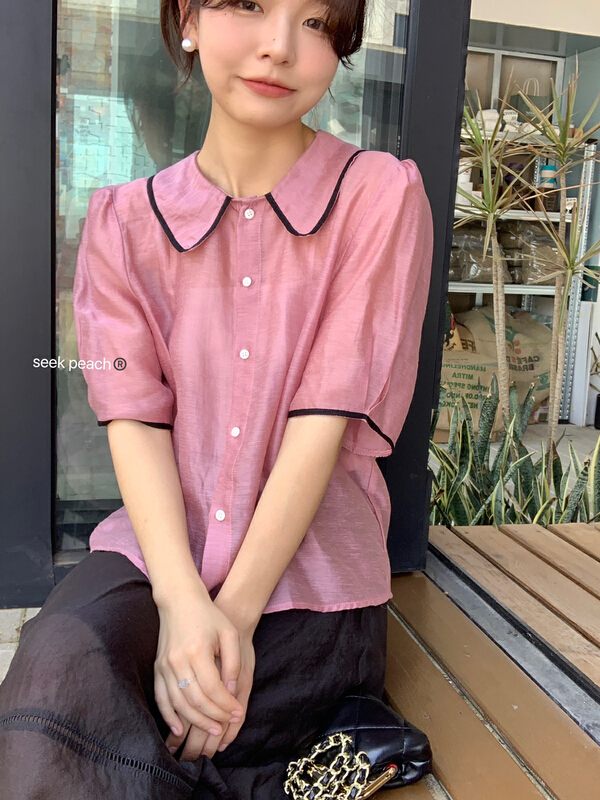 goods in stock! [seek peach] younger Korean color contrast doll collar sweet button up blouse 8856# ll