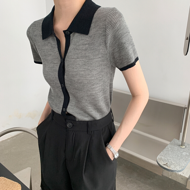 [st] Korean color contrast stitching short sleeve T-shirt 2901# XJ