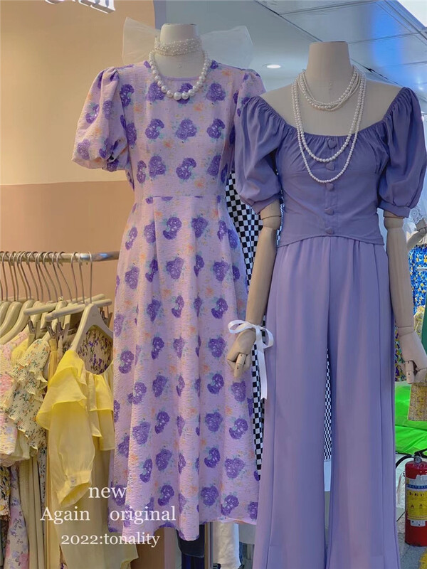 [again] crew neck print lace up dress 6186# PCZ