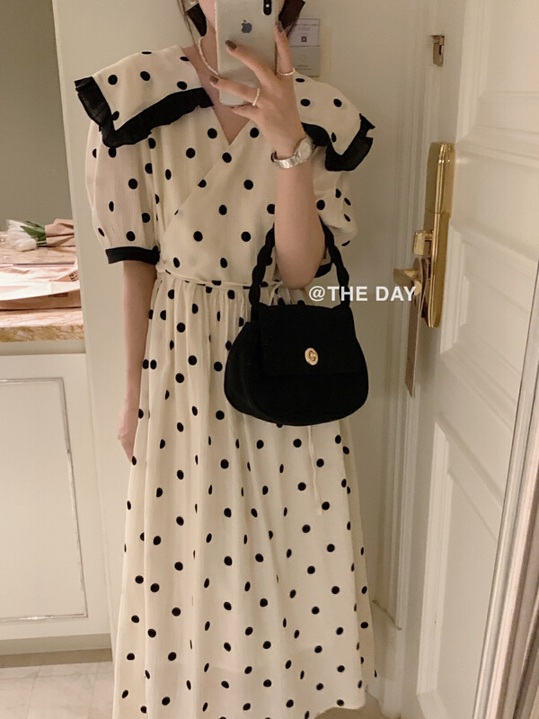 [the day] temperament wave point big Lapel dress 8835# ll