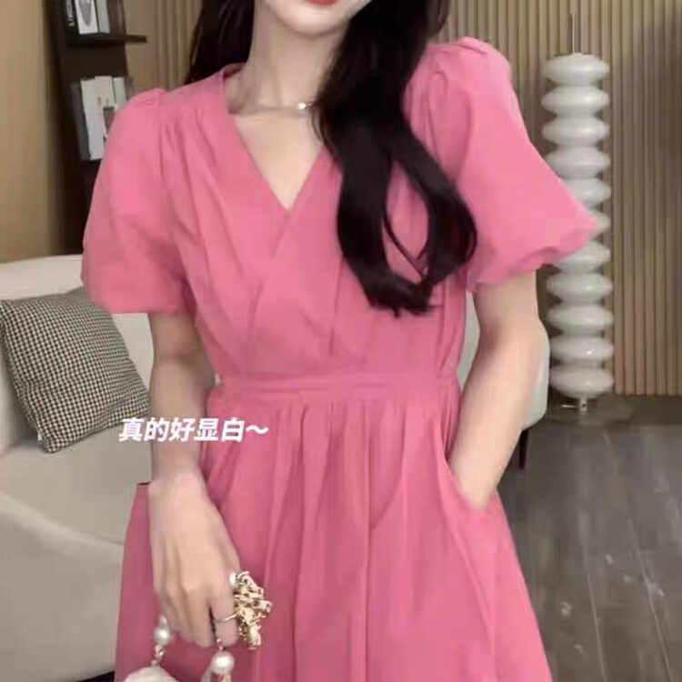 New in early summer! [Yingying new clothes] French Style Bubble Sleeve gentle style high-grade sense waist closing dress (with waist rope) 7301# Cl