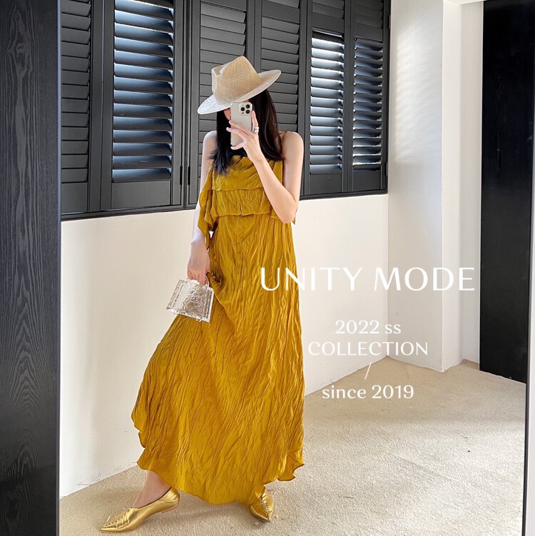 [UNIT】 French temperament sling pleated dress 8028# CQW