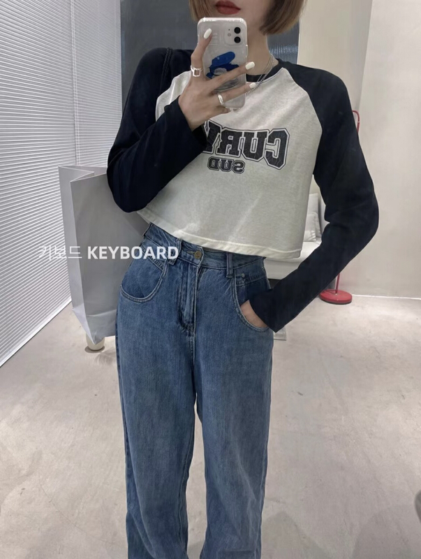 [keyboard] stitched contrast letters long sleeve T-shirt b-9998# LSL