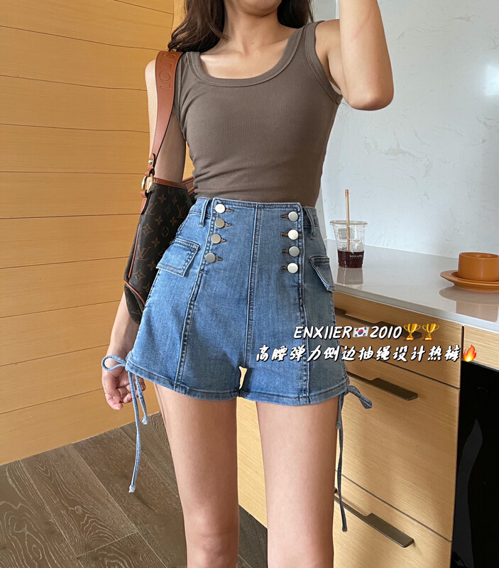 [en Xier] high waist elastic side drawstring denim shorts em2010# L