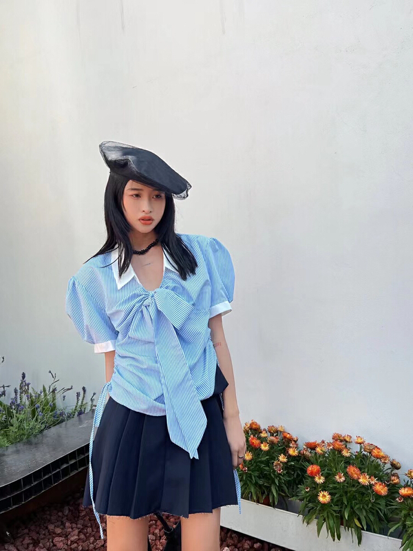 New in early summer! [Dore Dore] Korean Short Sleeved striped shirt with tie 1182# ozq