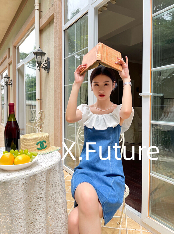 [x.future] French retro stitched off shoulder denim dress j8015# zxx
