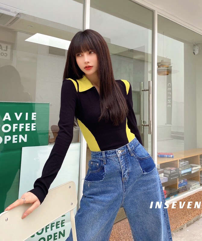 [inseven] European and Korean stitching color zipper design small shirt 25100# ozq