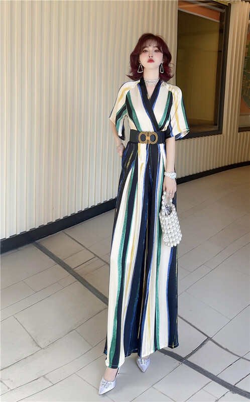 New in early summer! [Milan] fashionable and elegant striped wide leg Jumpsuit (with belt) 60716# JJ
