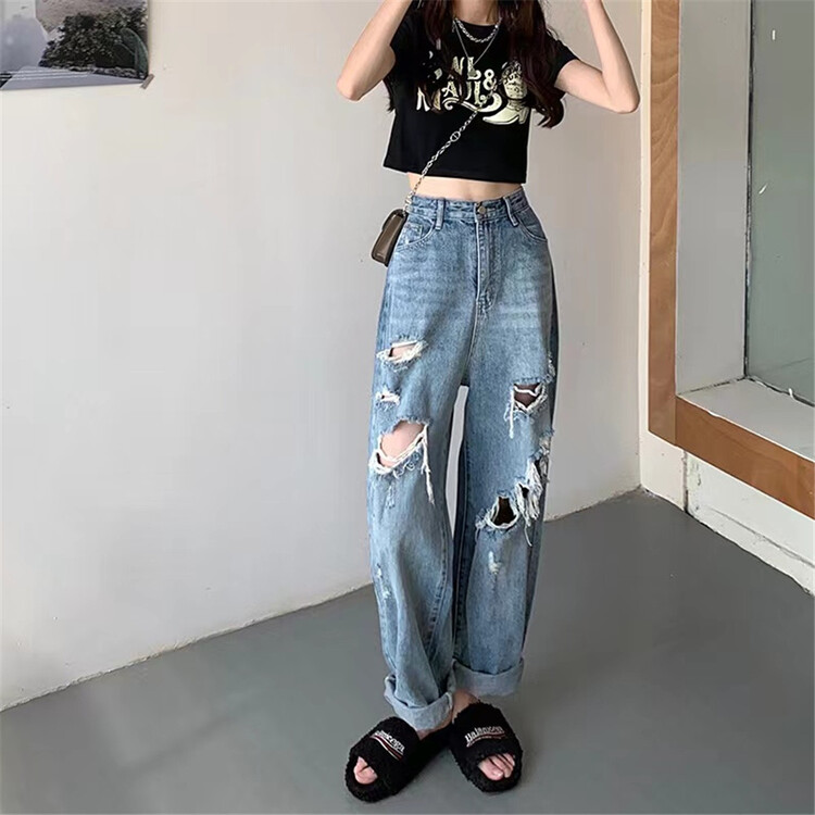 [timely rain] broken hole straight tube wide leg jeans ys1-48529# WPL