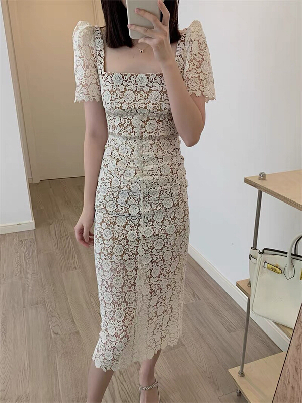 New year in early spring! [Yingying new clothes] square collar high sense goddess model French sexy hollow out slim fit dress 6998# Cl
