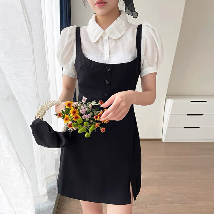 goods in stock! [Kiki studio] age reducing and thin suspender skirt + fashionable simple shirt set 5822# hjy