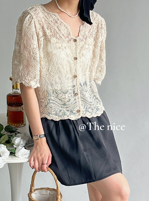 [the nice] V-neck short sleeved heavy industry Crochet shirt 00297# hjy