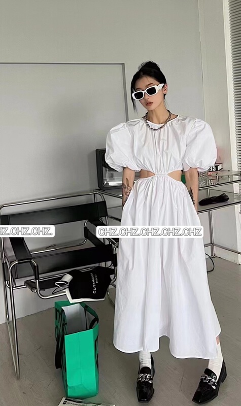 [c.h.z] niche design bubble sleeve waist revealing thin dress 78052# WTT