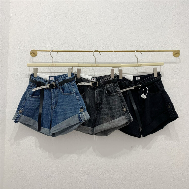 [u.she] Korean casual versatile denim shorts (with belt) 6199# cqw