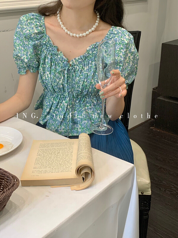 New in early summer! [ing] French style square neck lace up waist showing thin foam sleeve floral blouse 6963# HBx