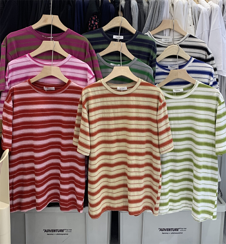 [sanbara] simple loose stripe short sleeve T-shirt 9573-1# LSW