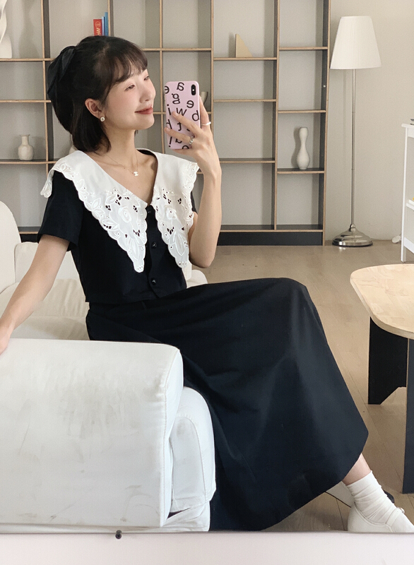 New in early summer! [new open] Vintage Lace stitched doll large lapel high sense short shirt fy22591# zxl
